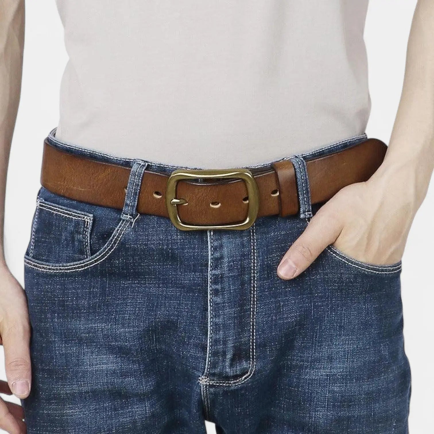 Men's Full Grain Leather Belt Casual Vintage Brass Buckle | Halvex | Beltary