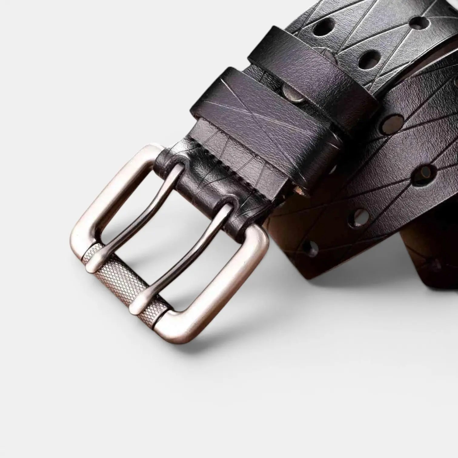 Men's Textured Leather Belt with Double Prong Buckle and Engraved Pattern | Dornex | Beltary