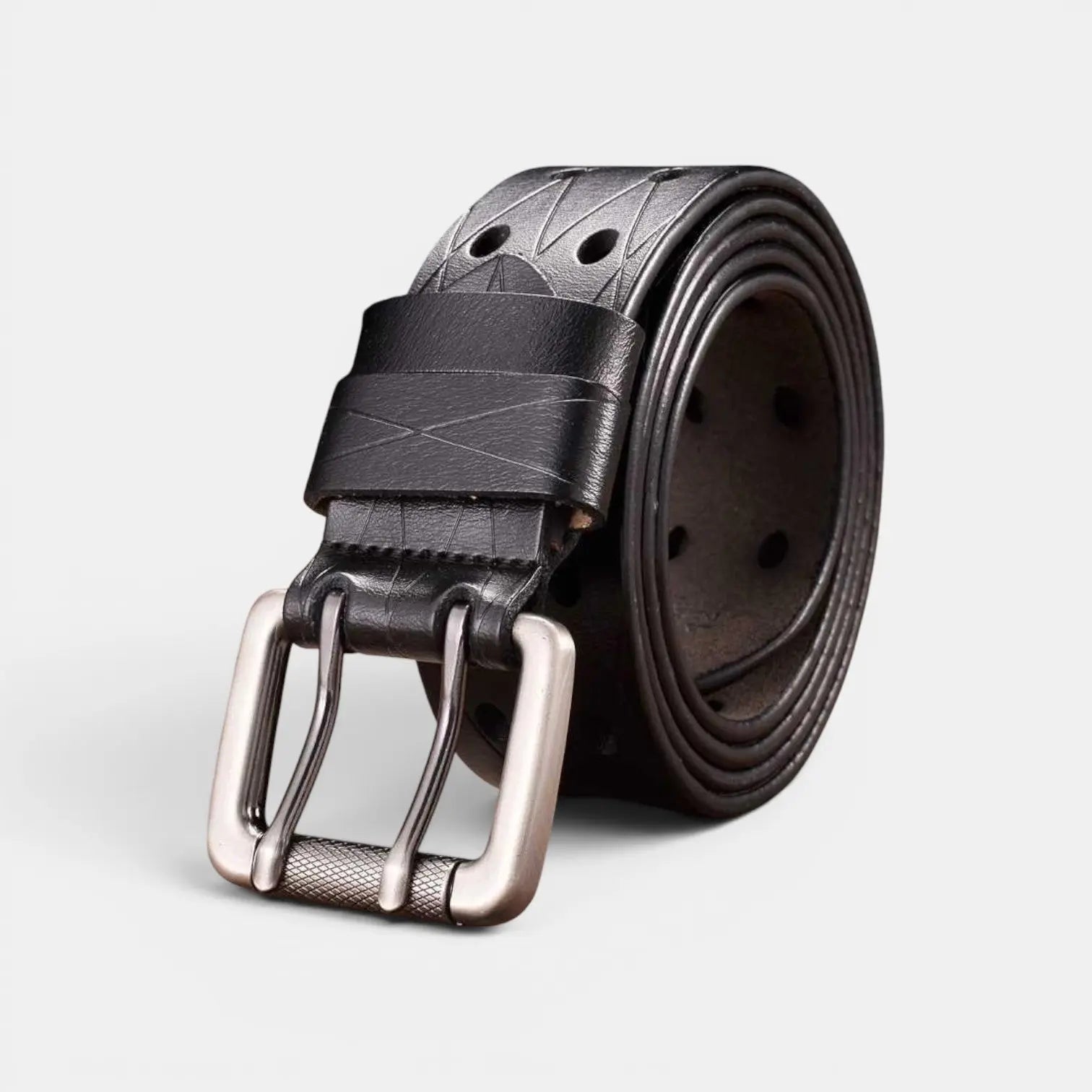 Men's Textured Leather Belt with Double Prong Buckle and Engraved Pattern | Dornex | Beltary