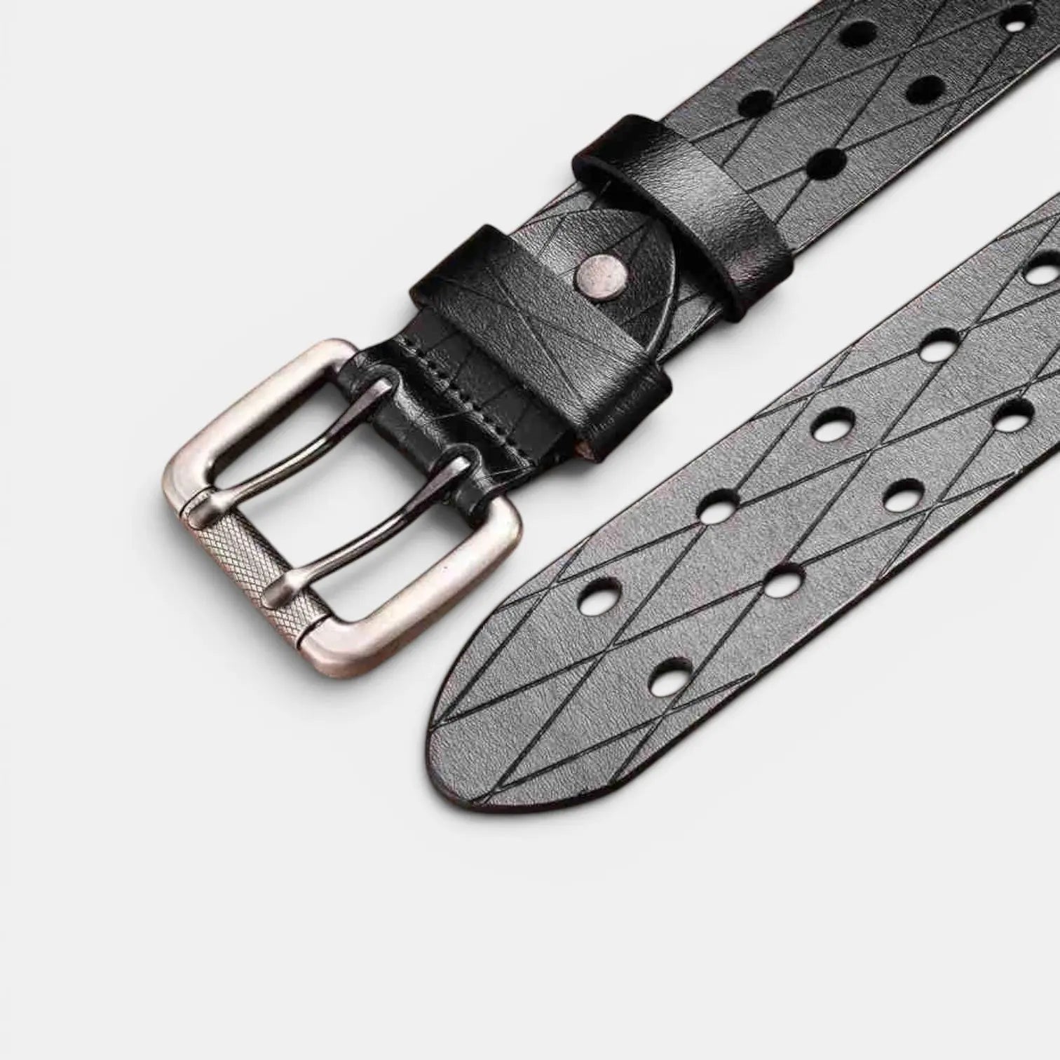 Men's Textured Leather Belt with Double Prong Buckle and Engraved Pattern | Dornex | Beltary