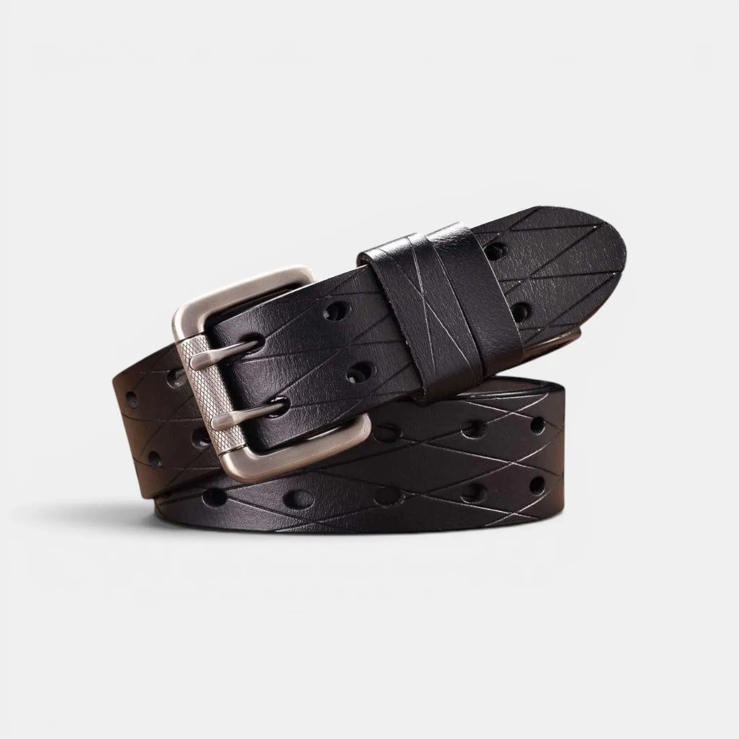 Men's Textured Leather Belt with Double Prong Buckle and Engraved Pattern | Dornex | Beltary