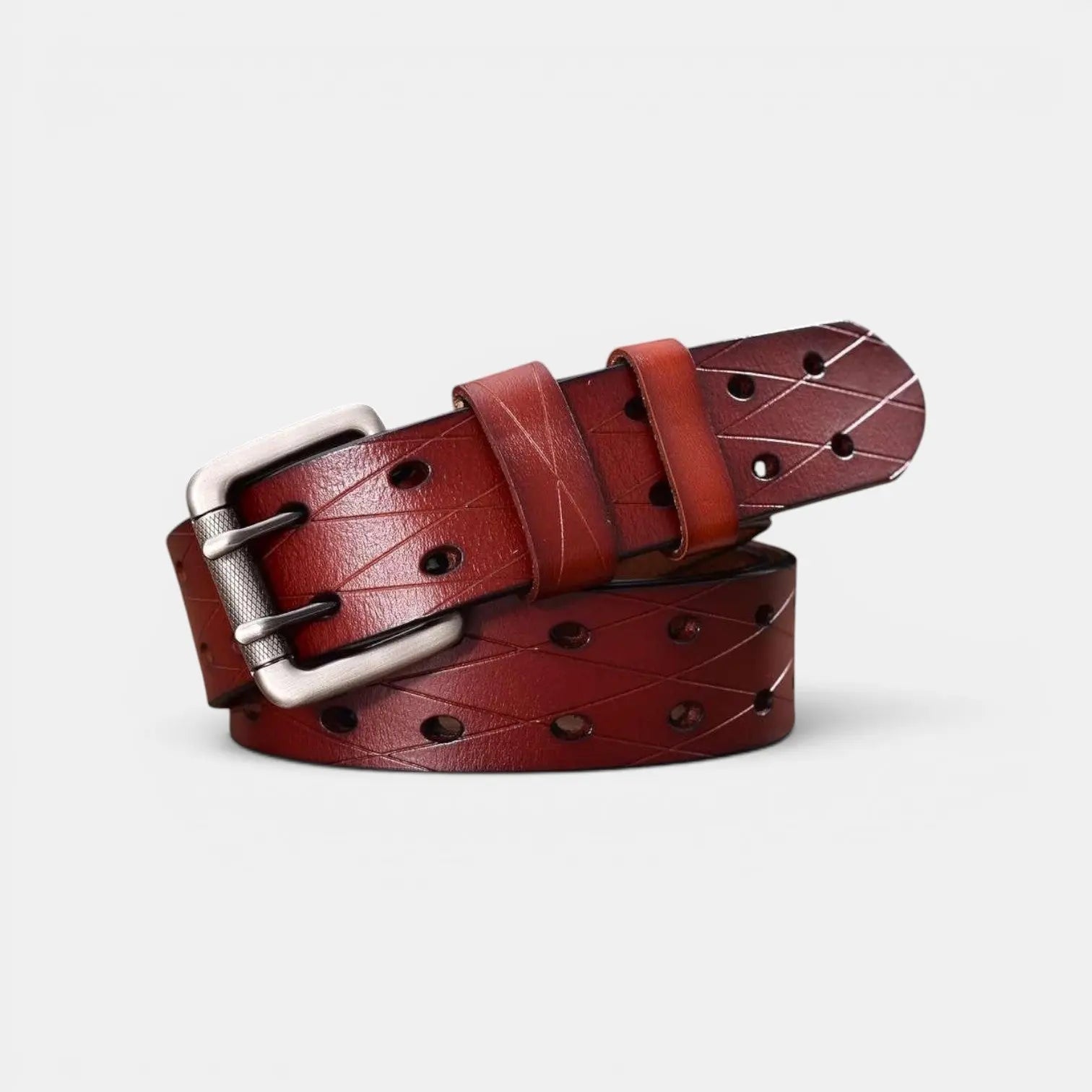 Men's Textured Leather Belt with Double Prong Buckle and Engraved Pattern | Dornex | Beltary
