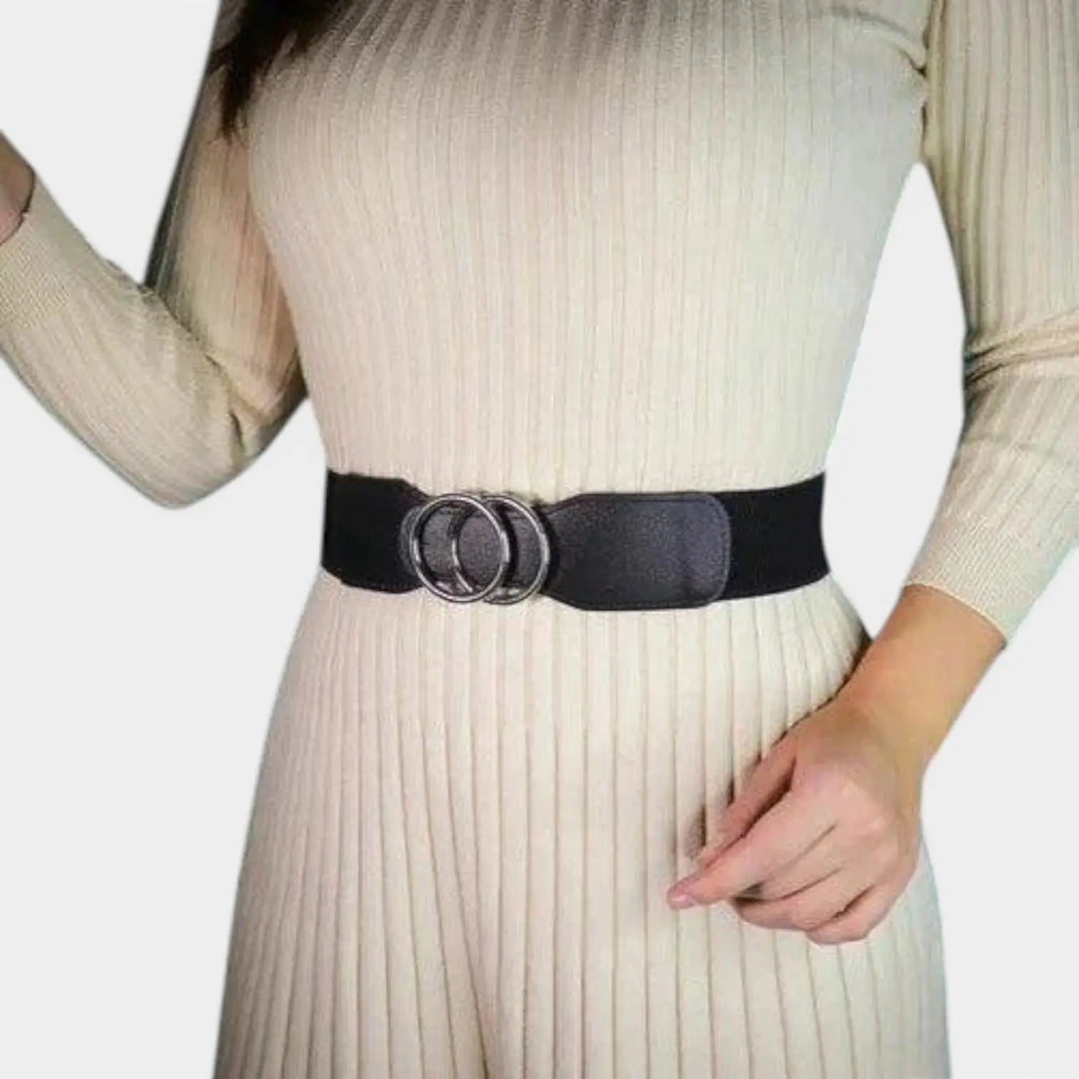 Wide Elastic Belt for Women Double Ring Gold Buckle | Elvorx | Beltary