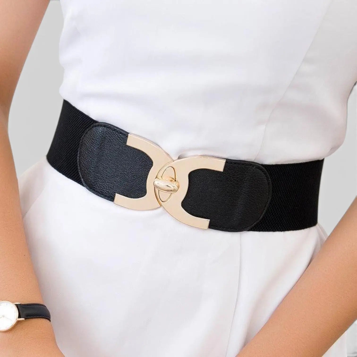 Wide Elastic Belt for Women High Waist Gold Round Buckle | Melvax | Beltary