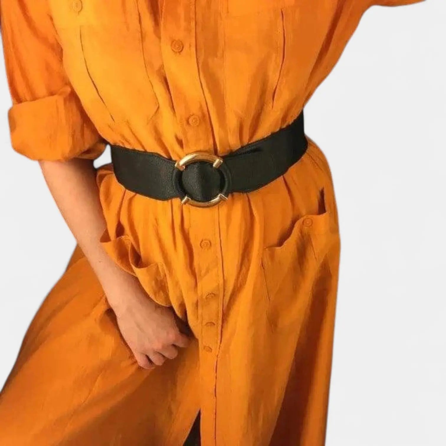 Wide Elastic Faux Leather Belt for Women Gold Round Buckle | Olvari | Beltary