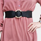 Wide Elastic Faux Leather Belt for Women Gold Round Buckle | Olvari | Beltary