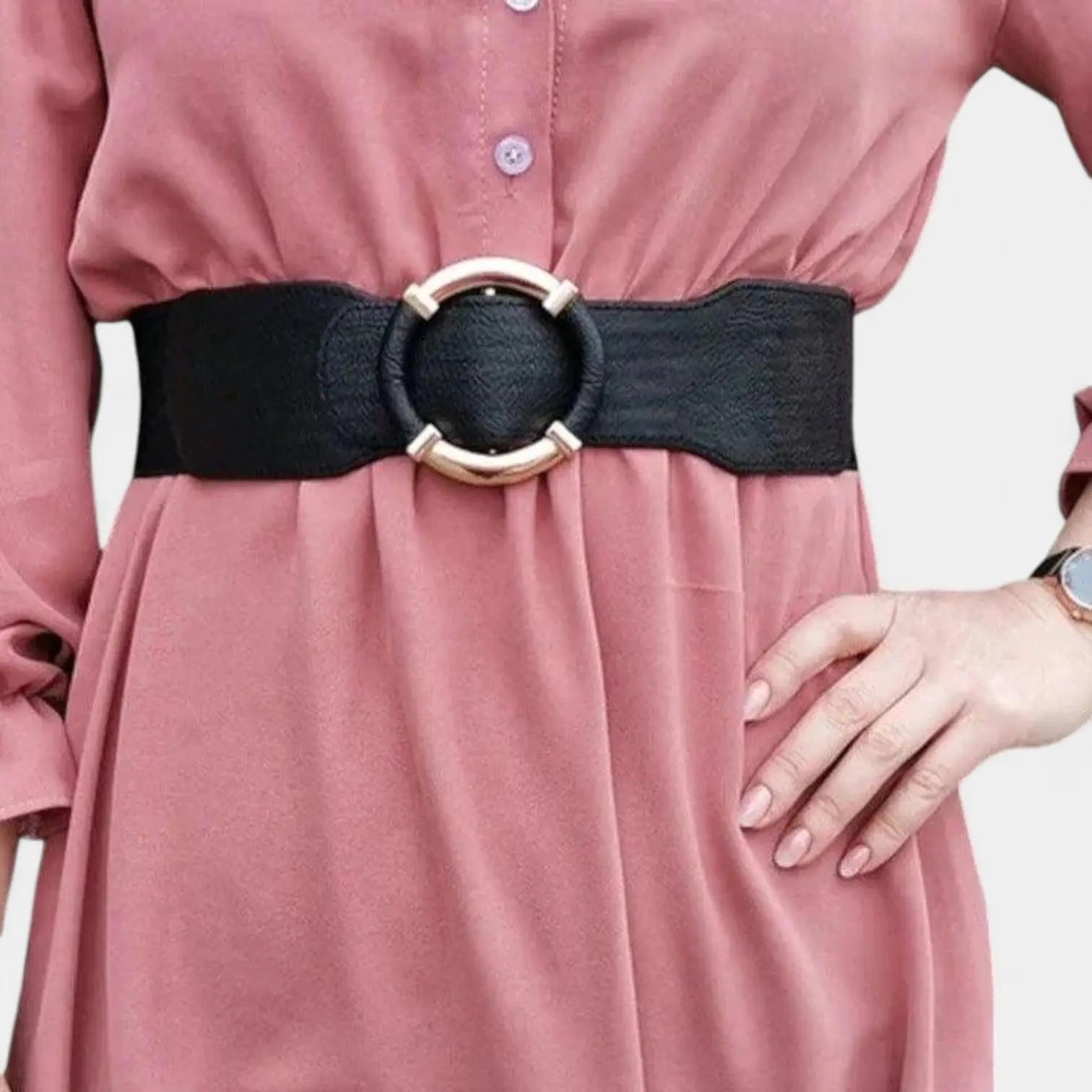 Wide Elastic Faux Leather Belt for Women Gold Round Buckle | Olvari | Beltary