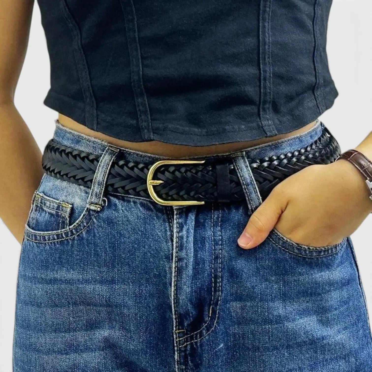 Women's Braided Leather Belt 3 cm Gold Round Buckle | Halvex | Beltary