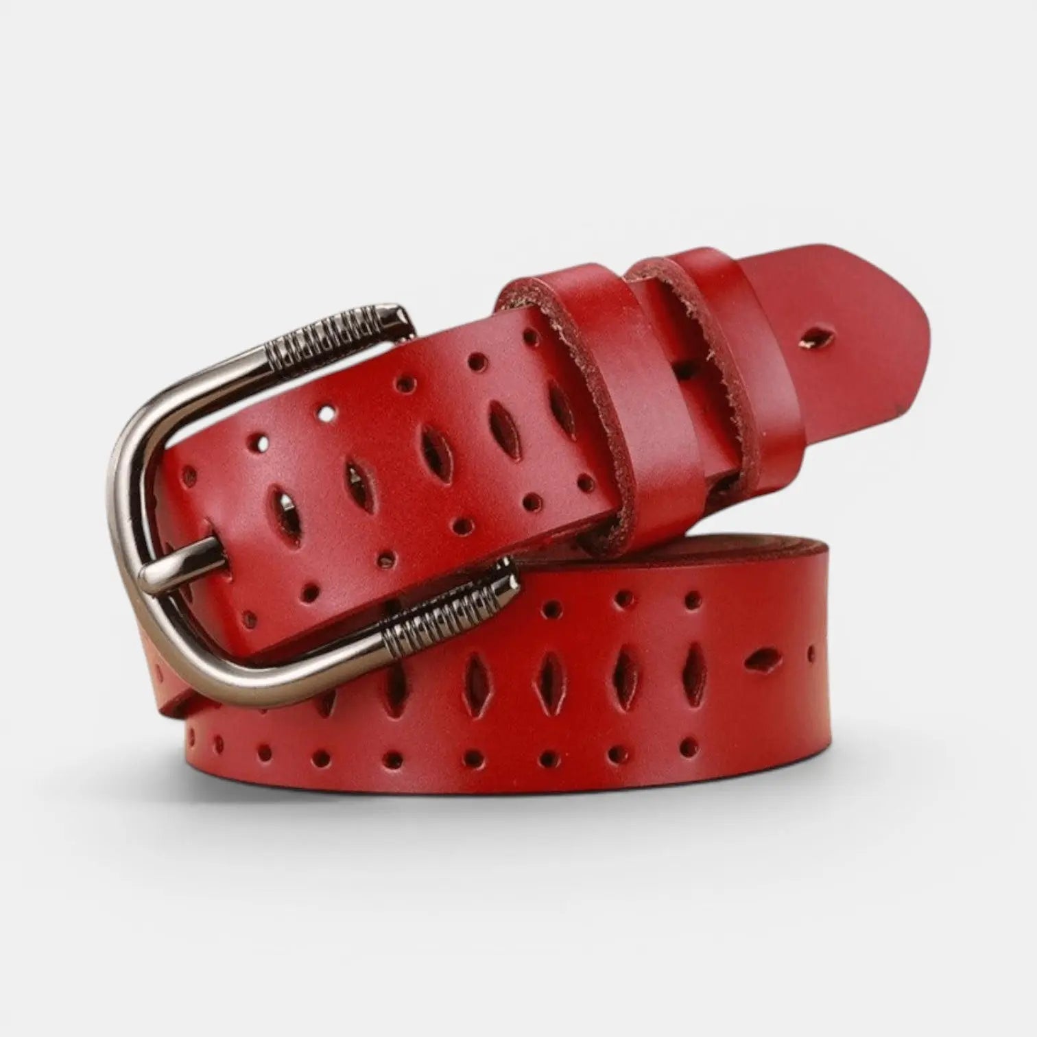 Women's Fine Perforated Leather Belt with Ridged Round Buckle | Torvex | Beltary