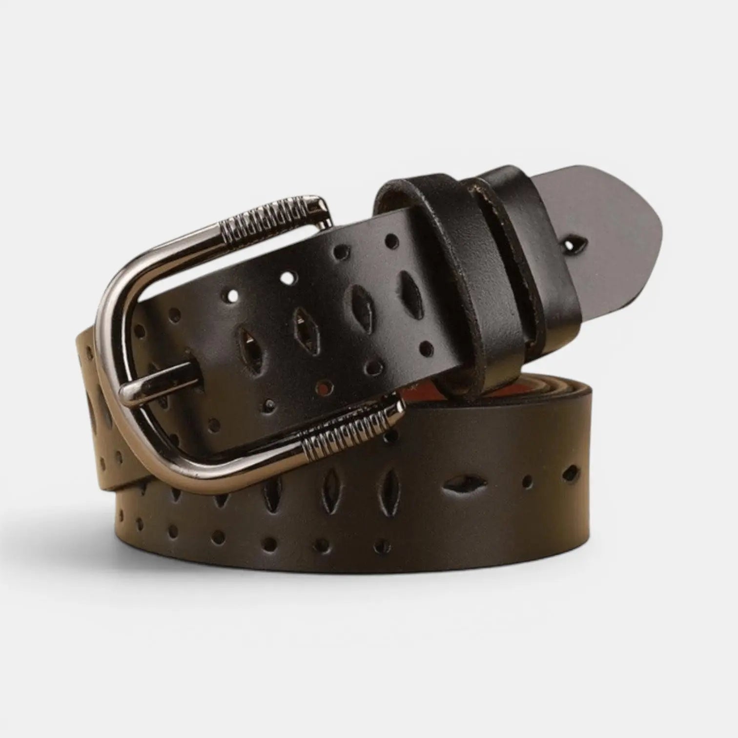 Women's Fine Perforated Leather Belt with Ridged Round Buckle | Torvex | Beltary