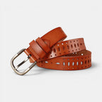 Women's Fine Perforated Leather Belt with Ridged Round Buckle | Torvex | Beltary
