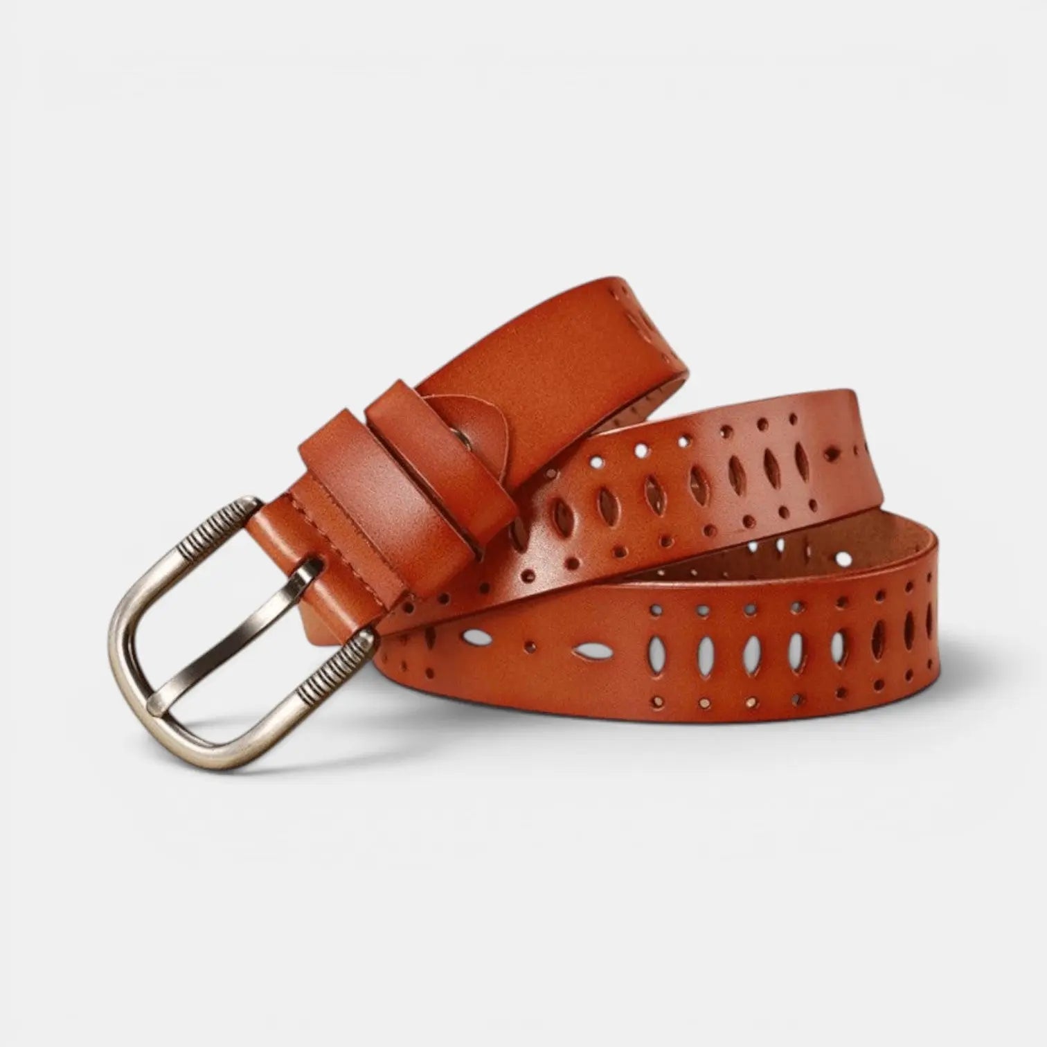 Women's Fine Perforated Leather Belt with Ridged Round Buckle | Torvex | Beltary