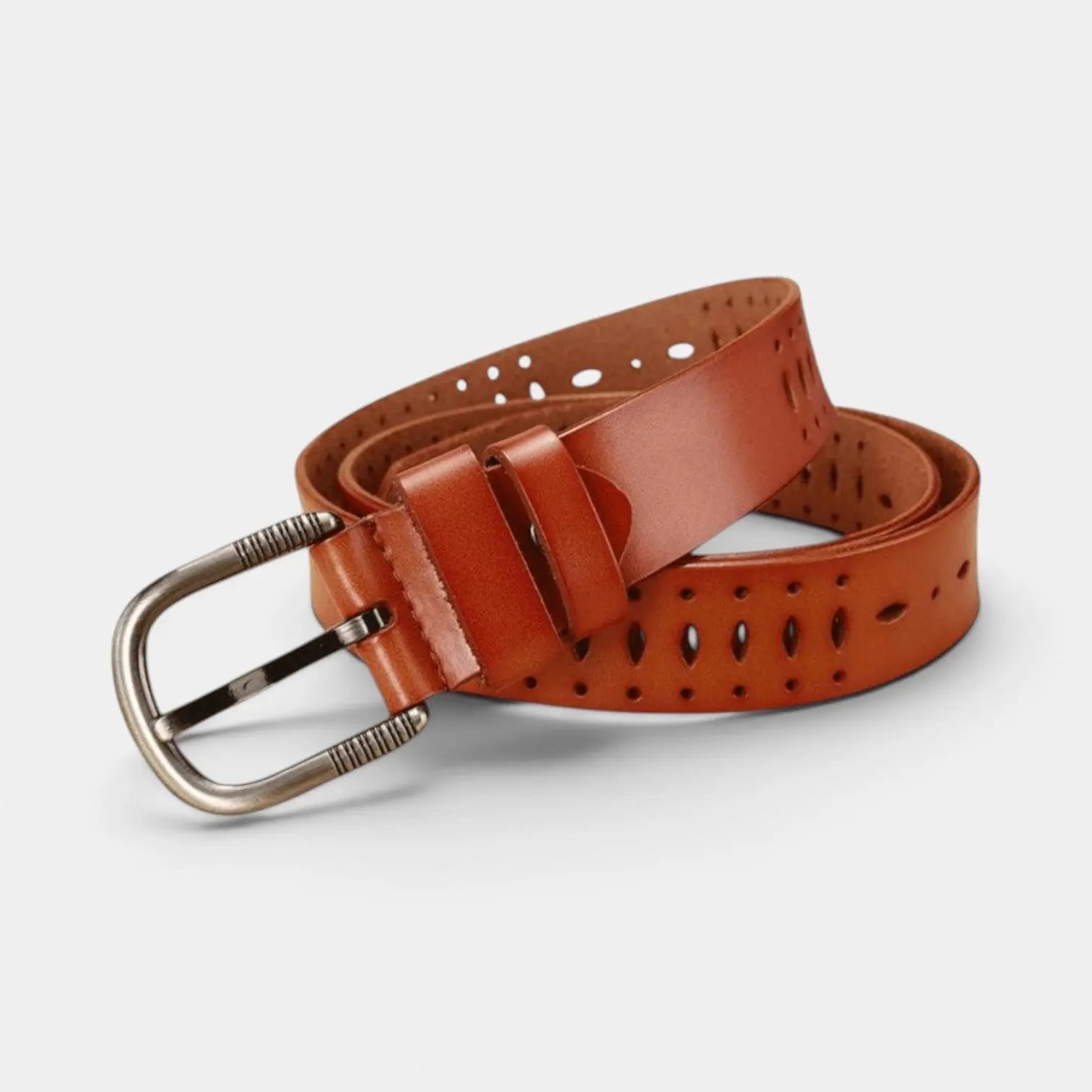 Women's Fine Perforated Leather Belt with Ridged Round Buckle | Torvex | Beltary