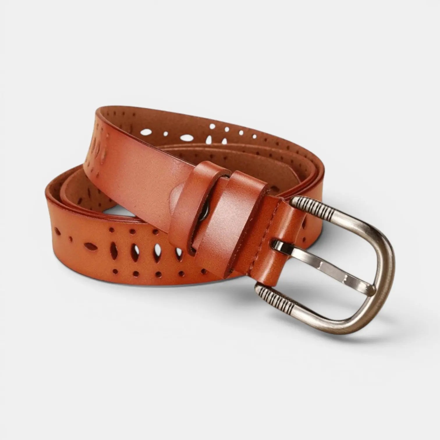 Women's Fine Perforated Leather Belt with Ridged Round Buckle | Torvex | Beltary