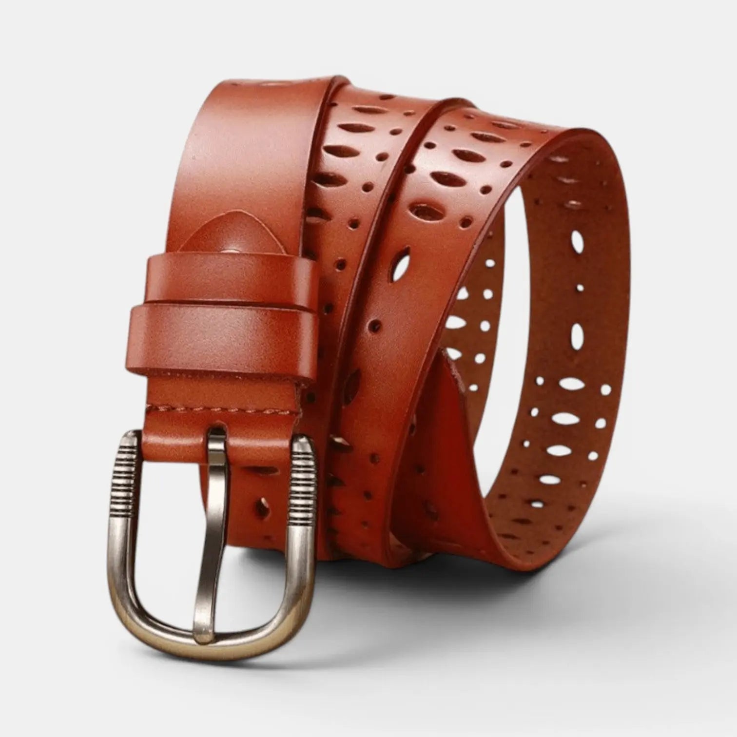 Women's Fine Perforated Leather Belt with Ridged Round Buckle | Torvex | Beltary