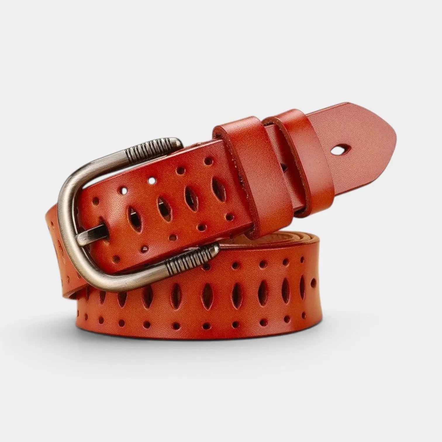 Women's Fine Perforated Leather Belt with Ridged Round Buckle | Torvex | Beltary
