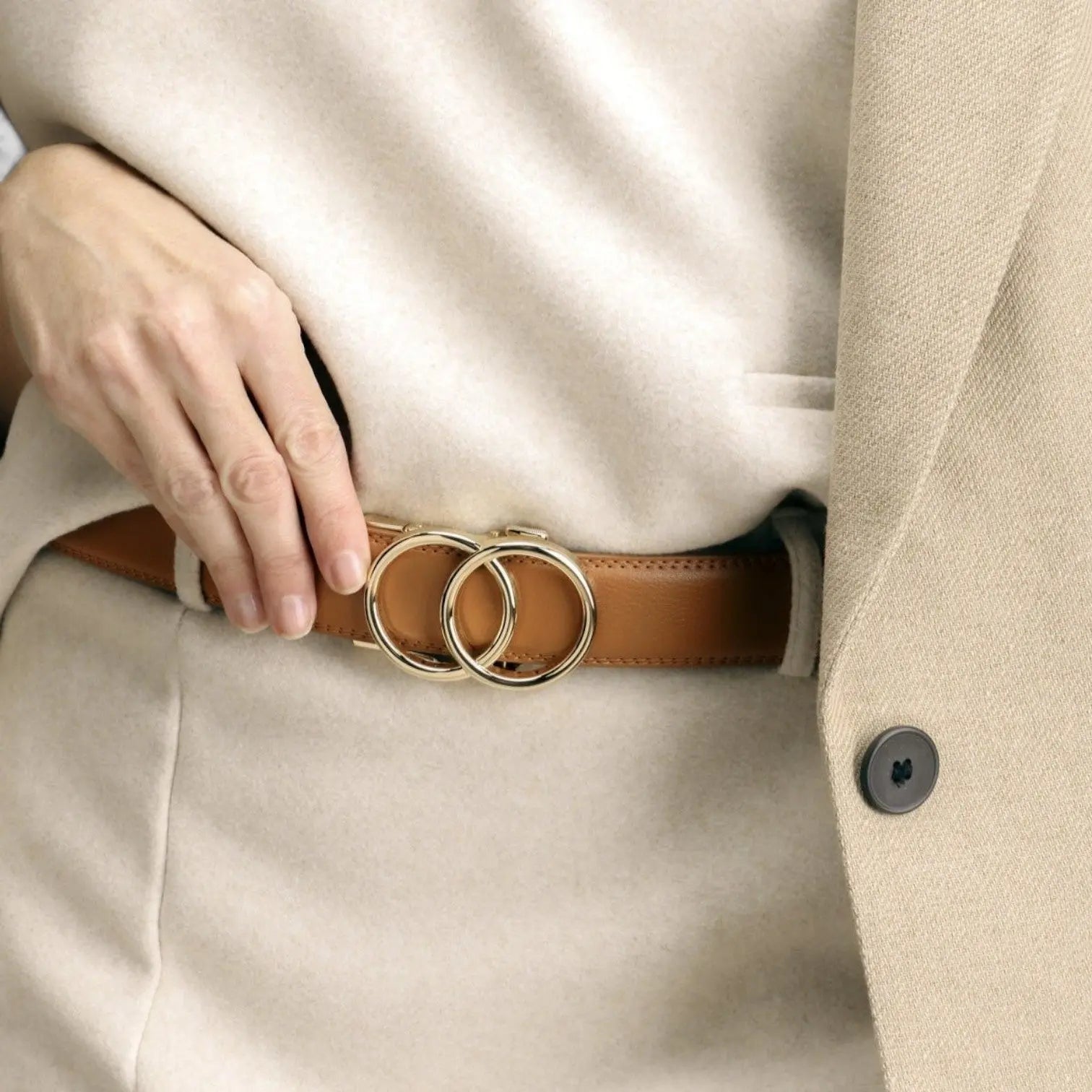 Women's Grained Leather Belt Hole-Free Automatic Buckle | Ornav | Beltary