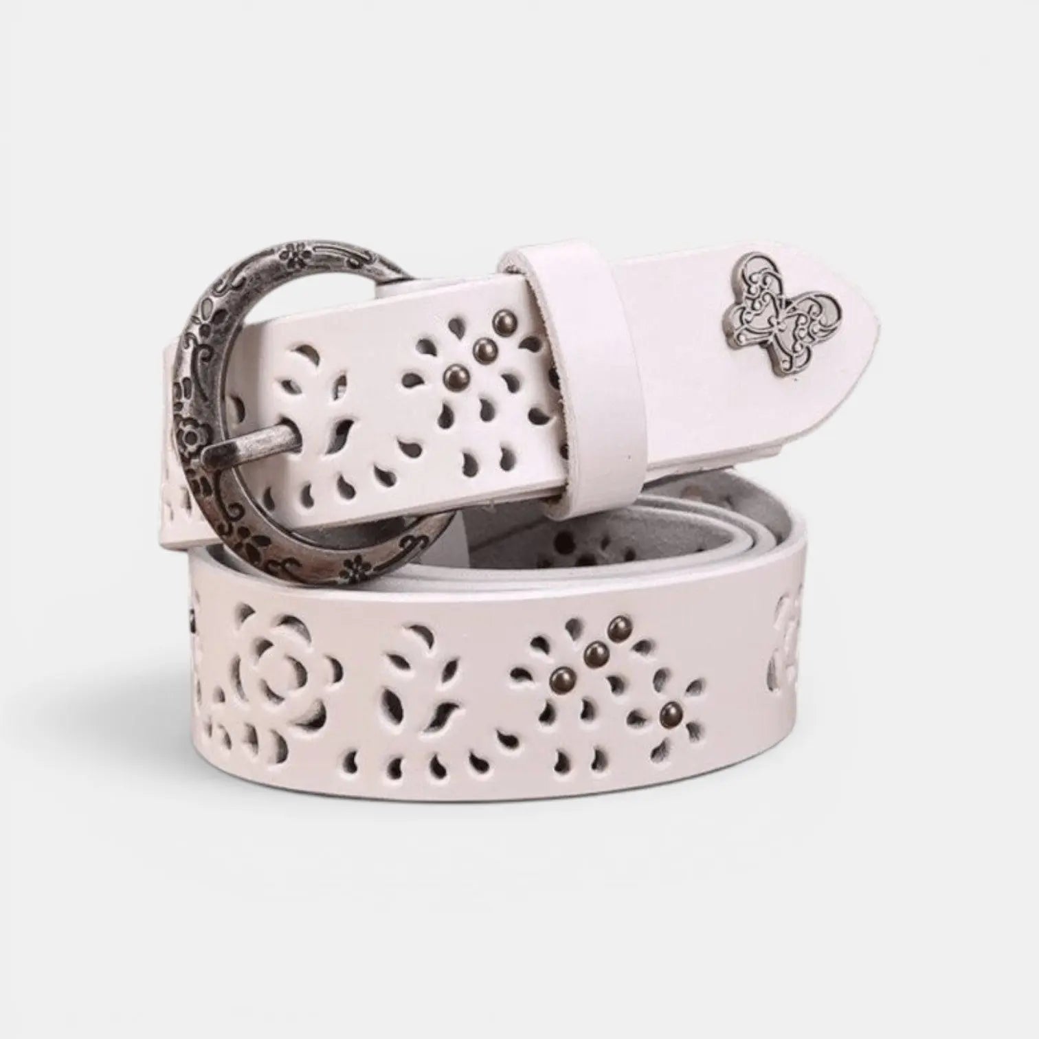 Women's Perforated Leather Belt Bohemian Round Buckle Decorated | Ajolvex | Beltary