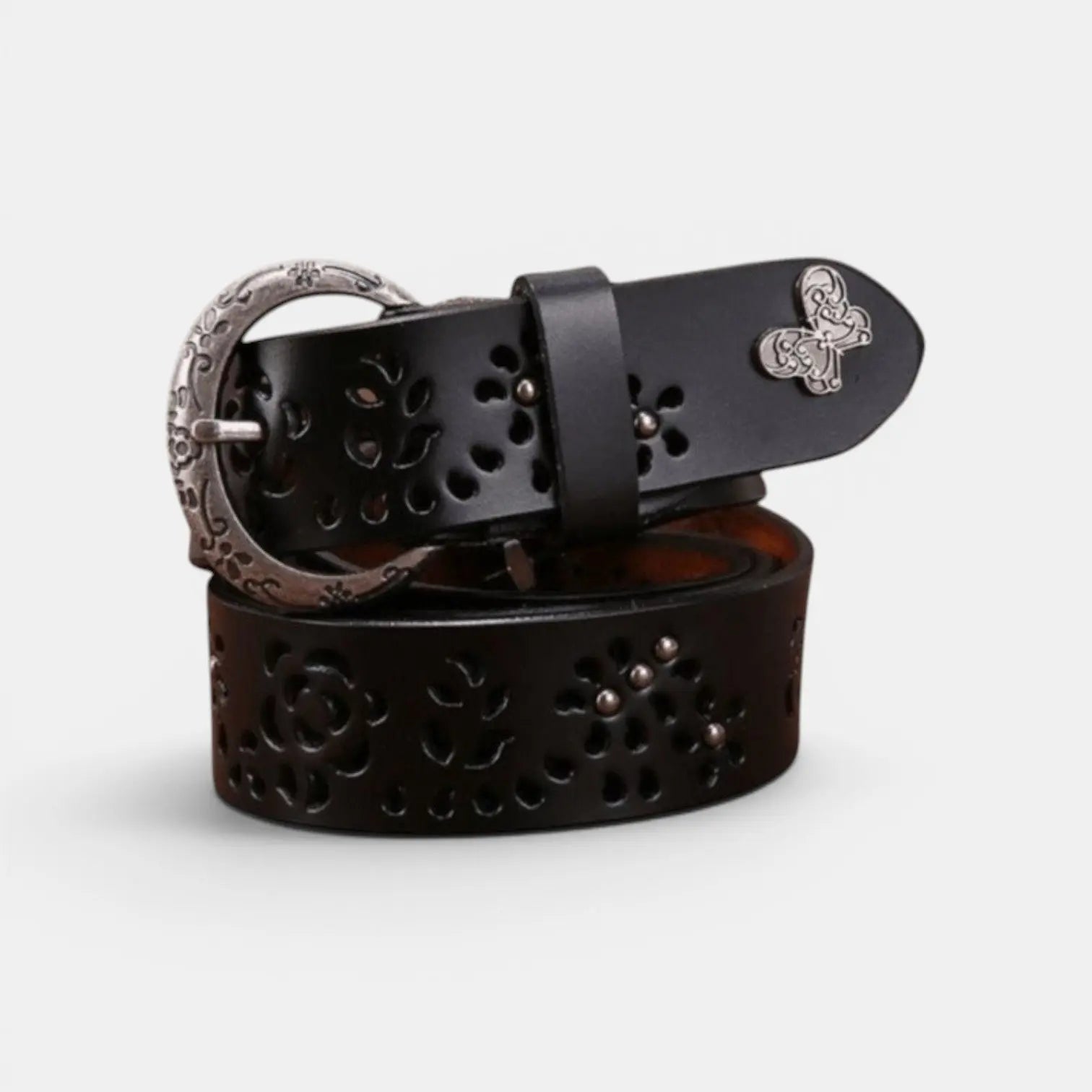 Women's Perforated Leather Belt Bohemian Round Buckle Decorated | Ajolvex | Beltary
