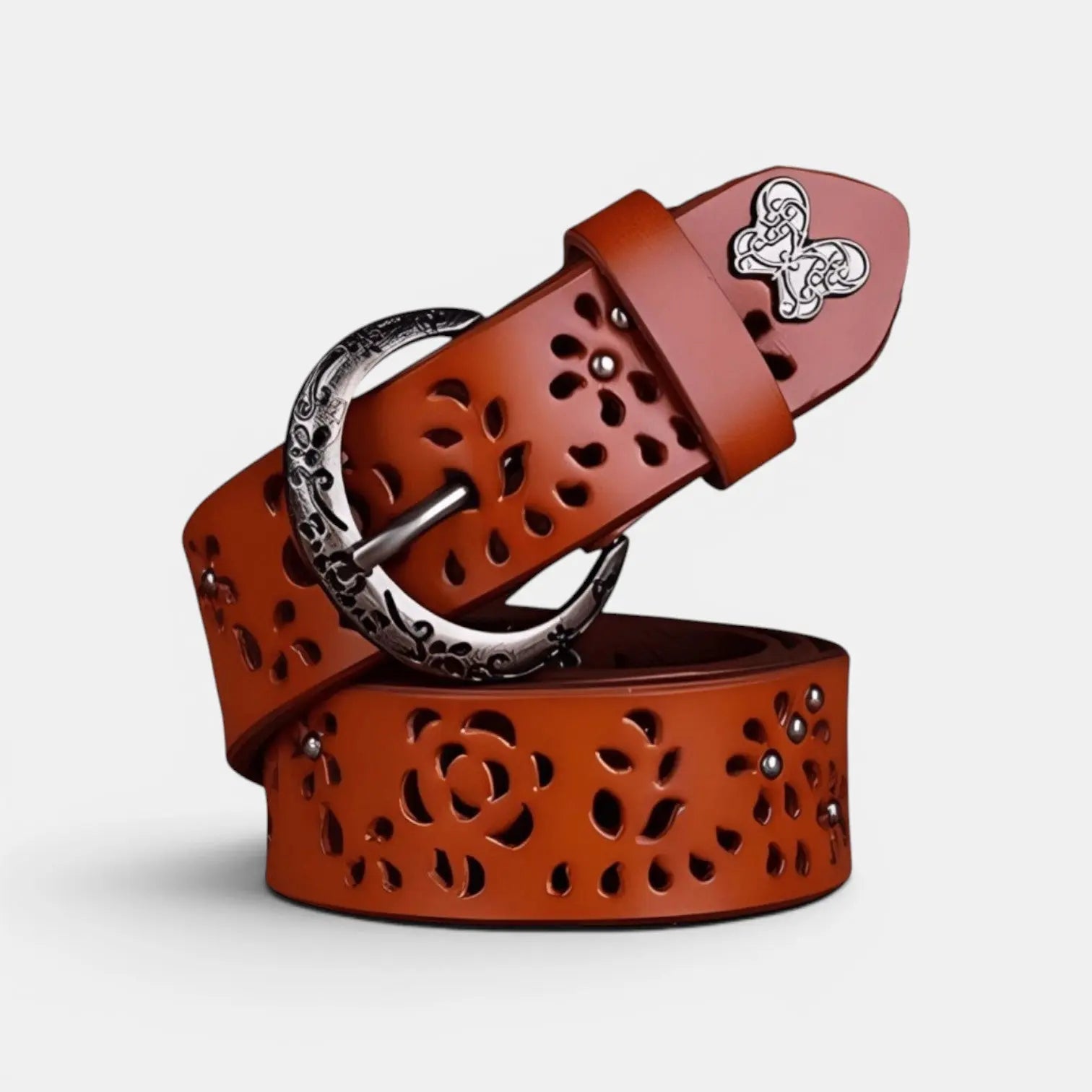 Women's Perforated Leather Belt Bohemian Round Buckle Decorated | Ajolvex | Beltary