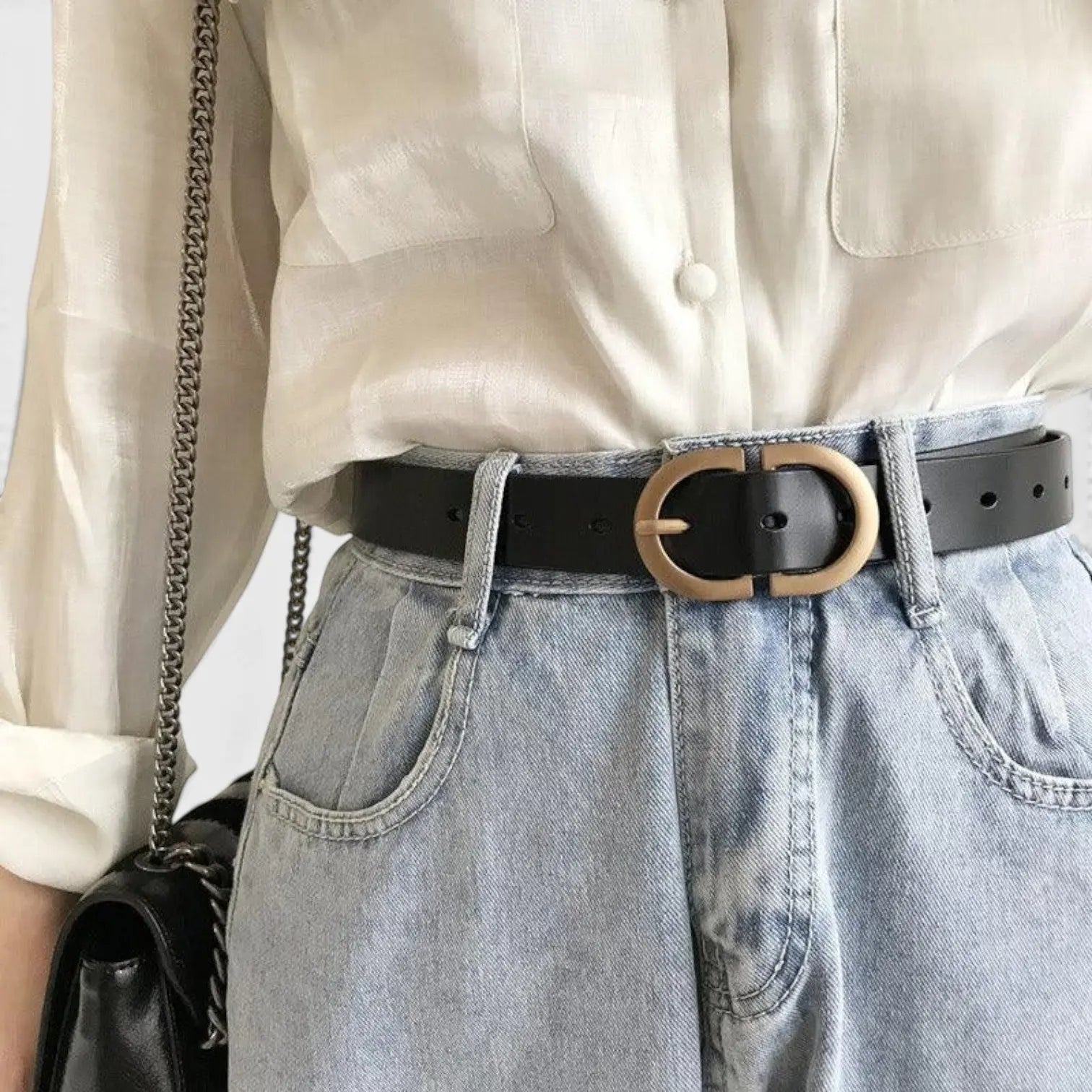 Women's Smooth Leather Belt Gold Oval Buckle with Prong | Fenora | Beltary