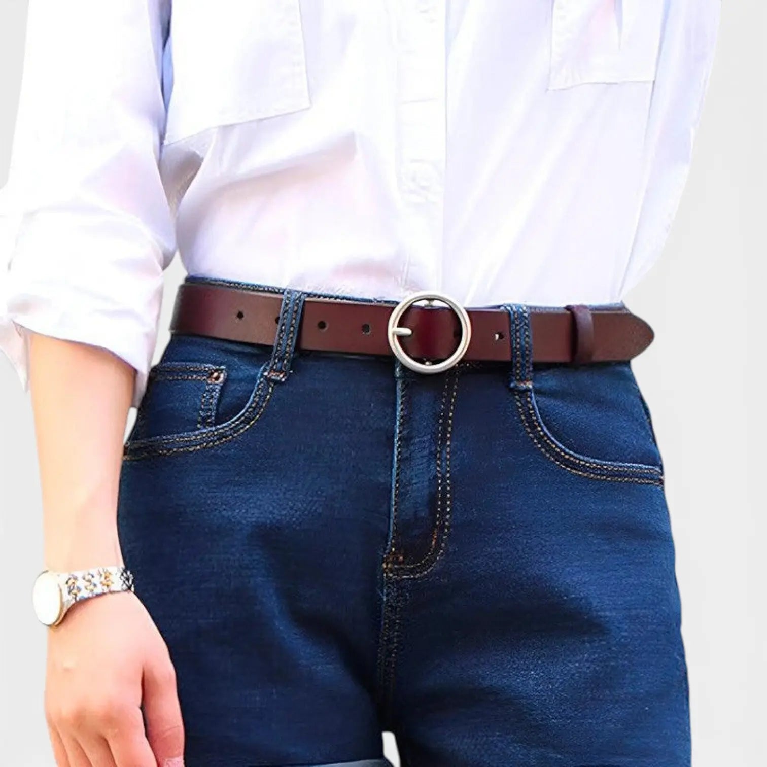 Women's Smooth Leather Belt with Fine Round Buckle | Rondix | Beltary