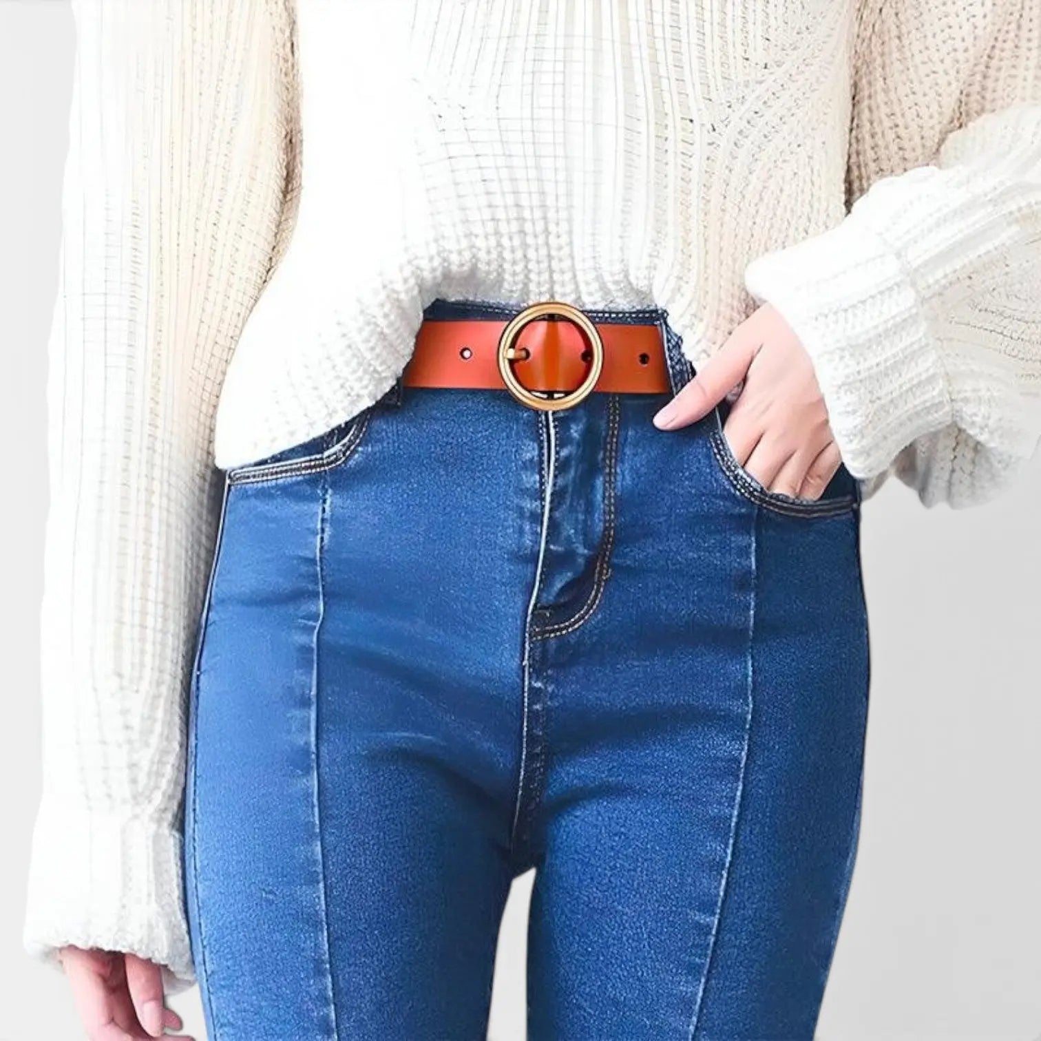 Women's Smooth Leather Belt with Fine Round Buckle | Rondix | Beltary