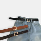 Women's Smooth Leather Thin Belt with Gold Square Buckle | Carvelx | Beltary