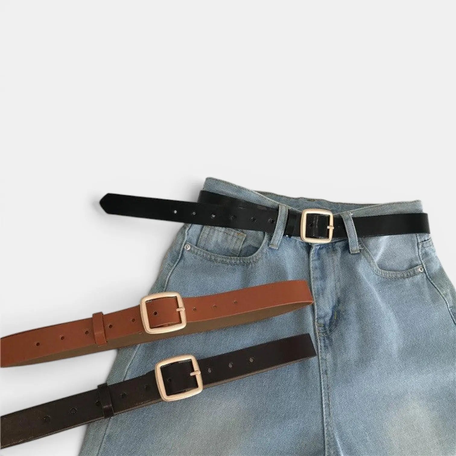 Women's Smooth Leather Thin Belt with Gold Square Buckle | Carvelx | Beltary