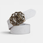 Women's Textured Faux Leather Belt Floral Gold Buckle | Florven | Beltary