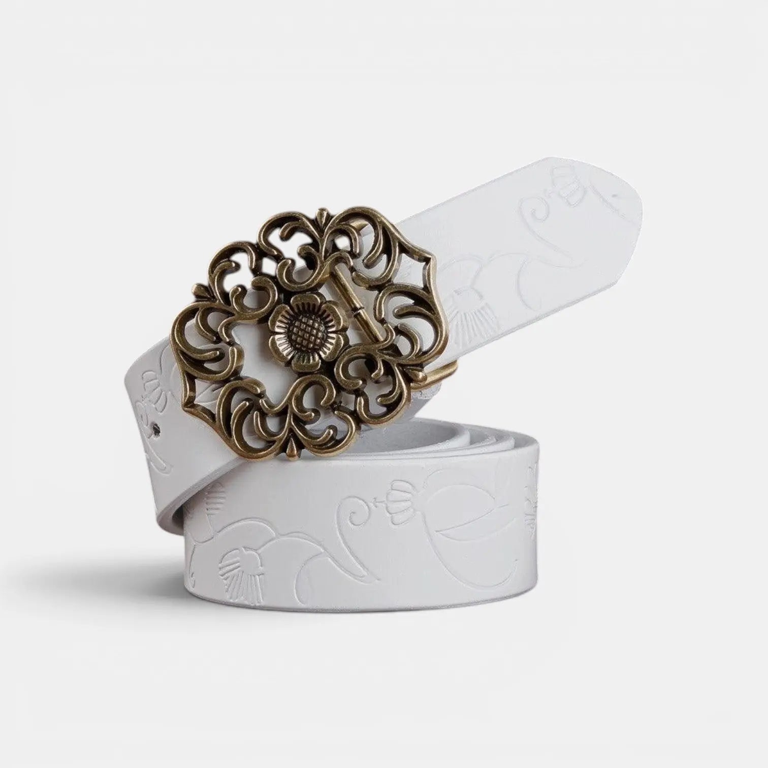 Women's Textured Faux Leather Belt Floral Gold Buckle | Florven | Beltary