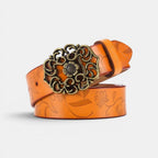 Women's Textured Faux Leather Belt Floral Gold Buckle | Florven | Beltary