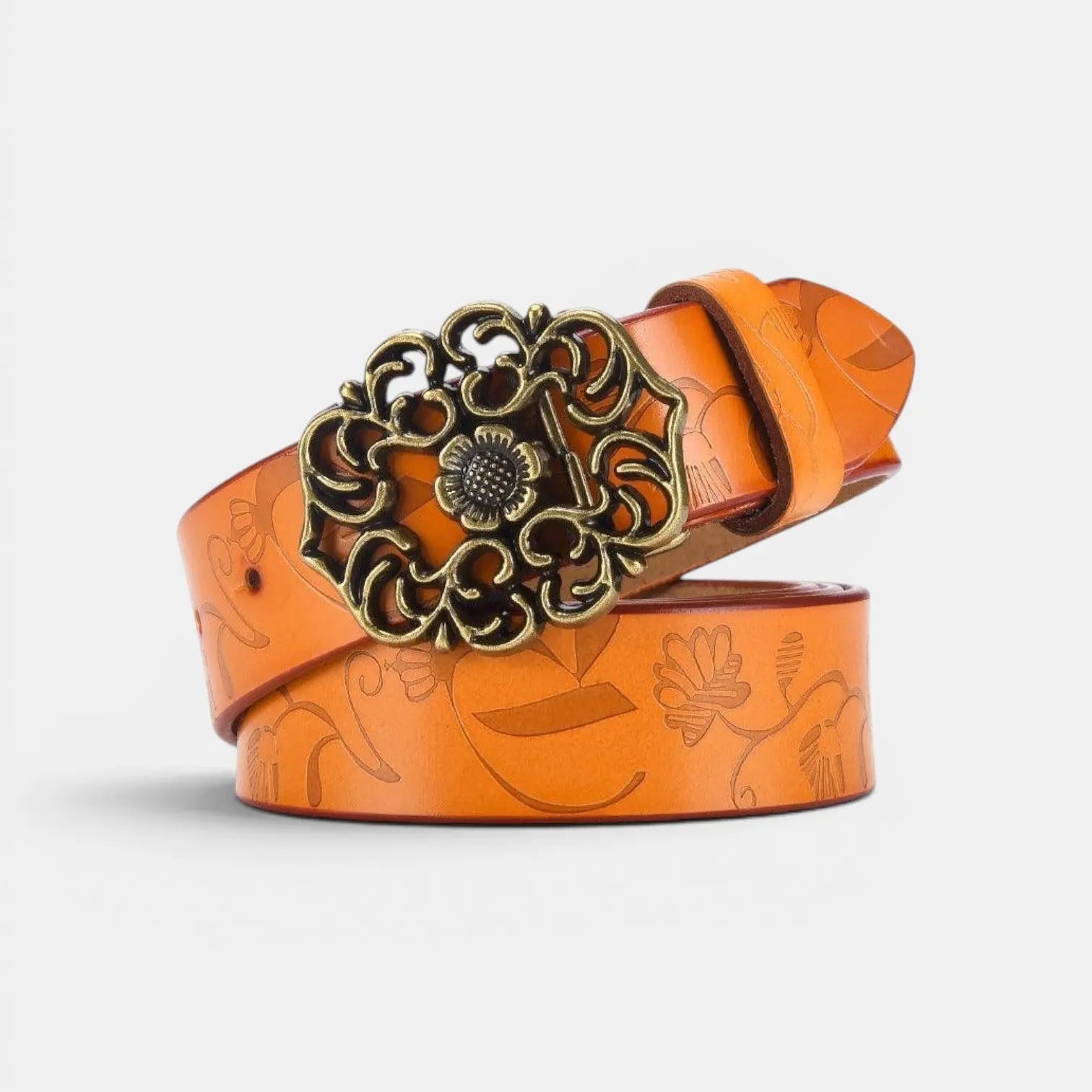 Women's Textured Faux Leather Belt Floral Gold Buckle | Florven | Beltary