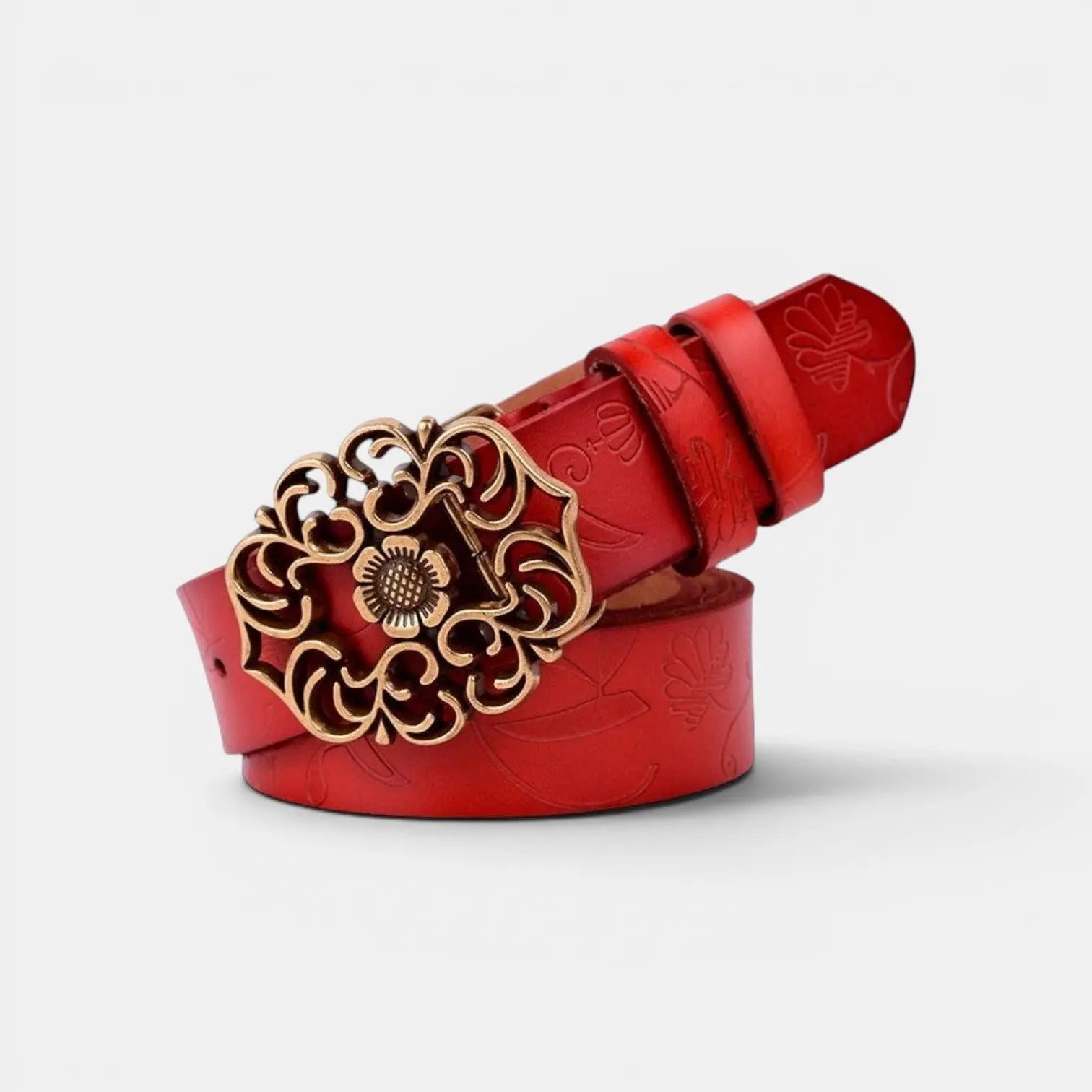 Women's Textured Faux Leather Belt Floral Gold Buckle | Florven | Beltary
