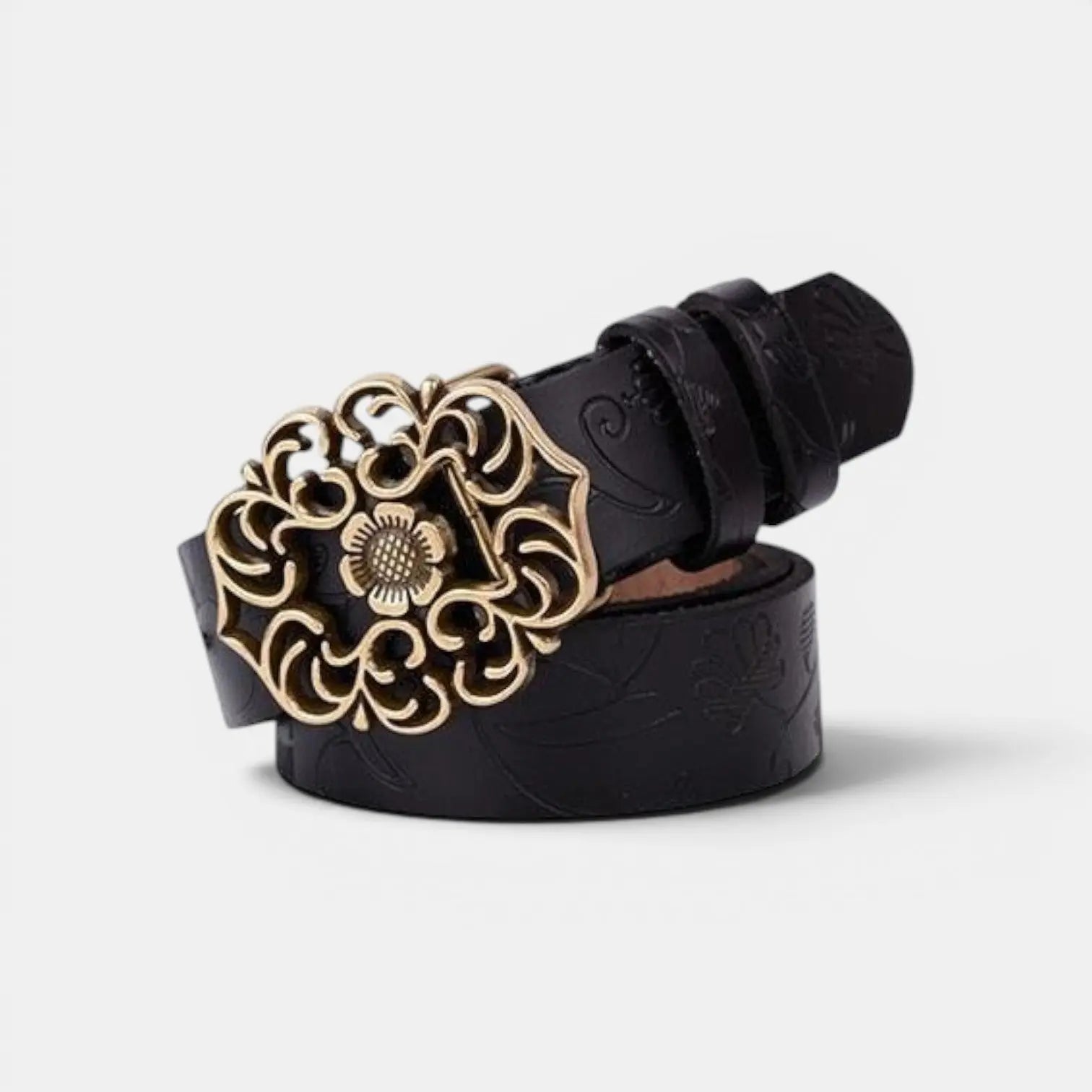 Women's Textured Faux Leather Belt Floral Gold Buckle | Florven | Beltary