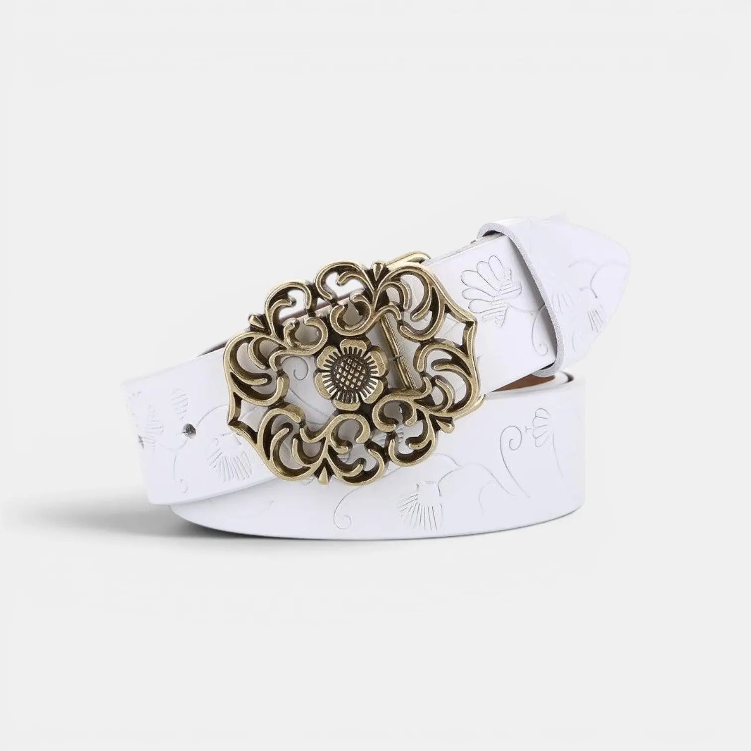 Women's Textured Faux Leather Belt Floral Gold Buckle | Florven | Beltary