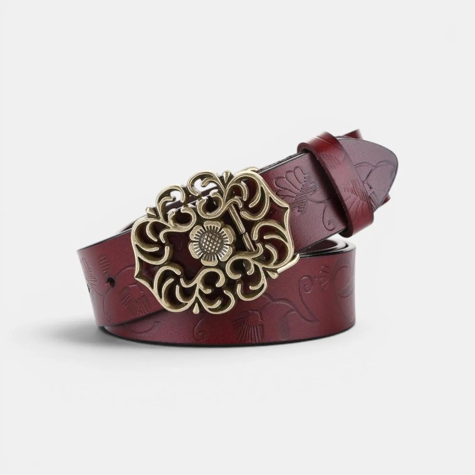 Women's Textured Faux Leather Belt Floral Gold Buckle | Florven | Beltary