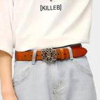 Women's Textured Faux Leather Belt Floral Gold Buckle | Florven | Beltary