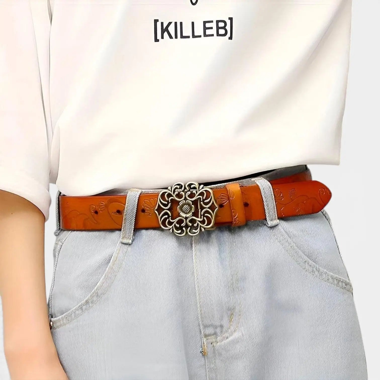 Women's Textured Faux Leather Belt Floral Gold Buckle | Florven | Beltary