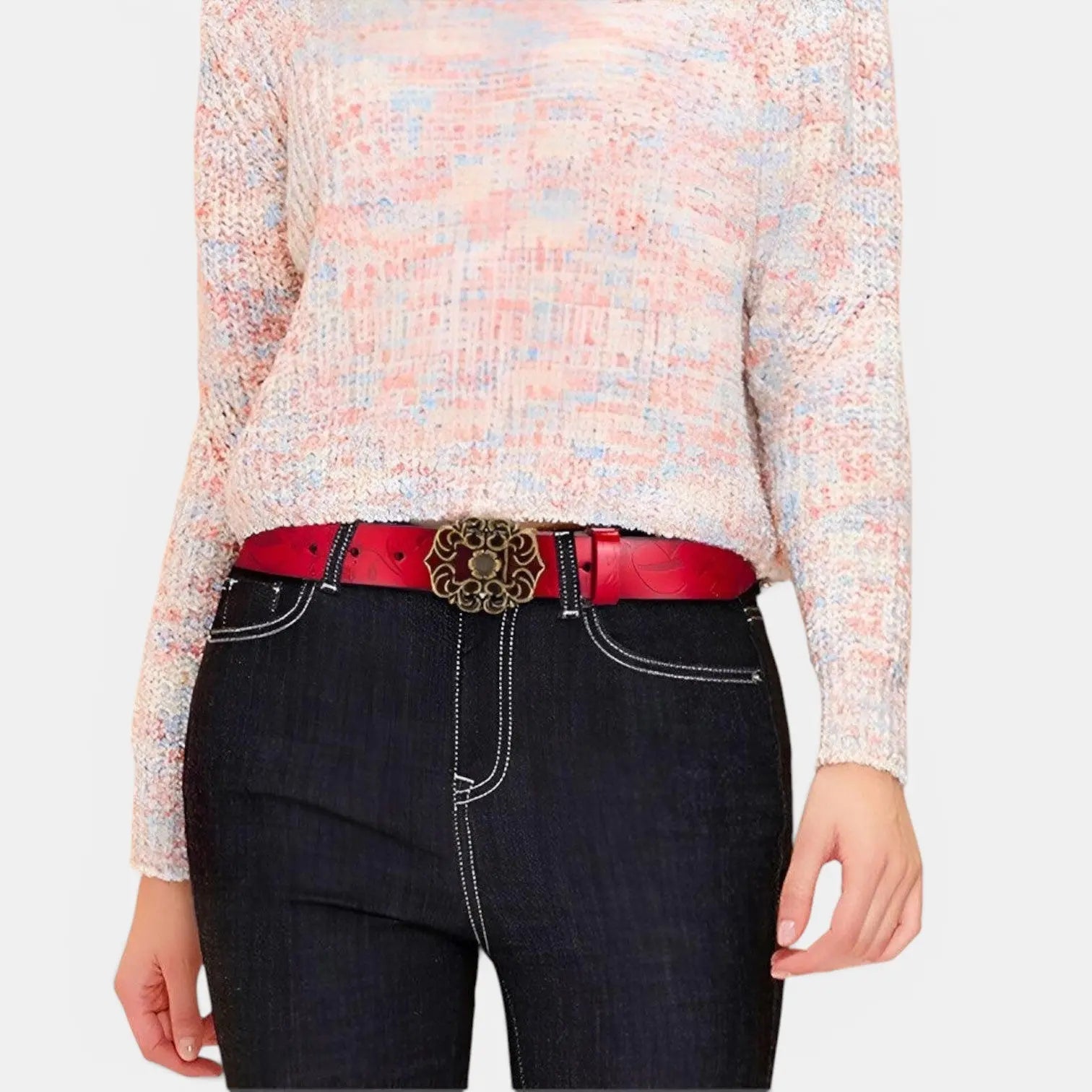 Women's Textured Faux Leather Belt Floral Gold Buckle | Florven | Beltary