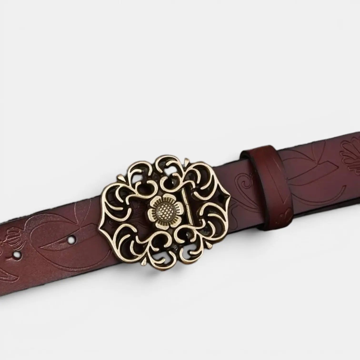 Women's Textured Faux Leather Belt Floral Gold Buckle | Florven | Beltary