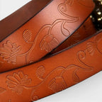 Women's Textured Faux Leather Belt Floral Gold Buckle | Florven | Beltary
