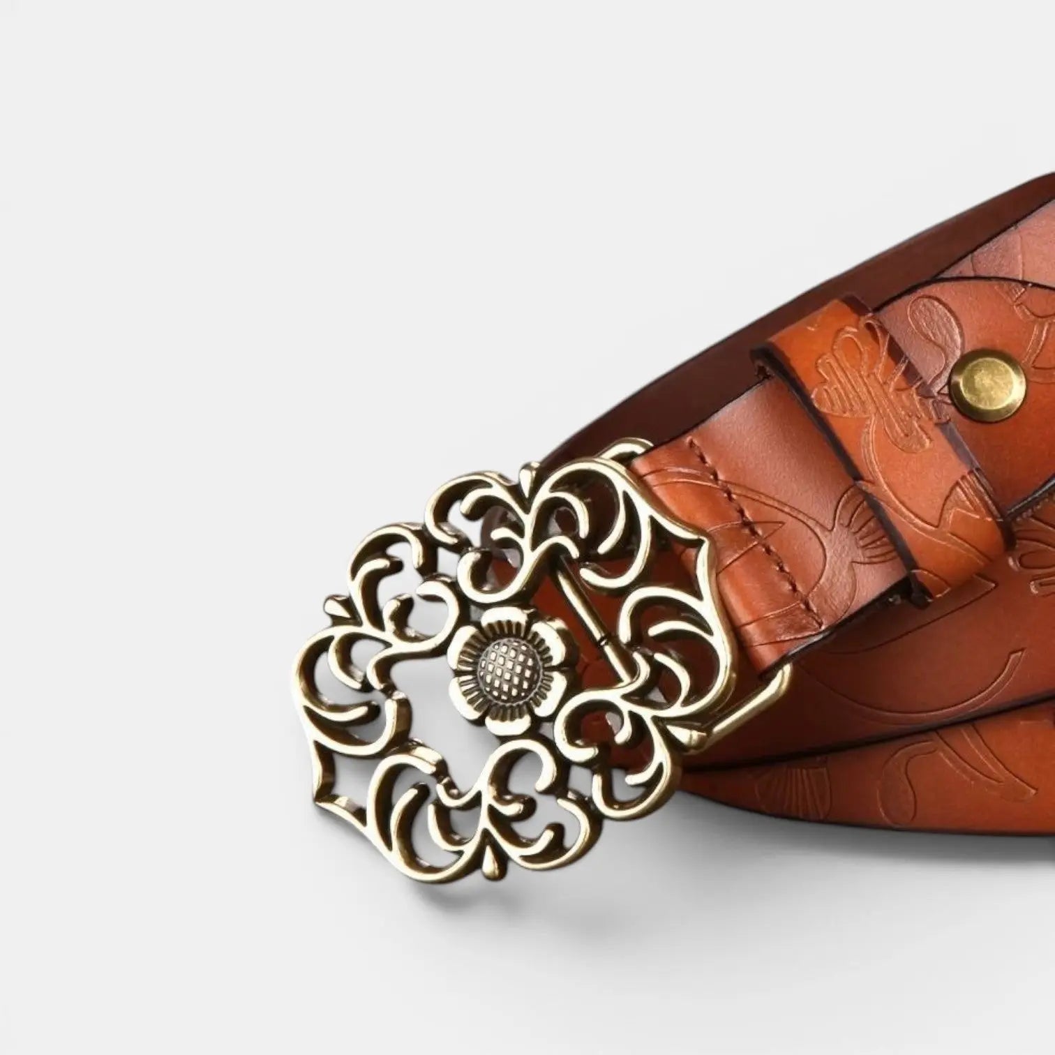 Women's Textured Faux Leather Belt Floral Gold Buckle | Florven | Beltary