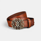Women's Textured Faux Leather Belt Floral Gold Buckle | Florven | Beltary