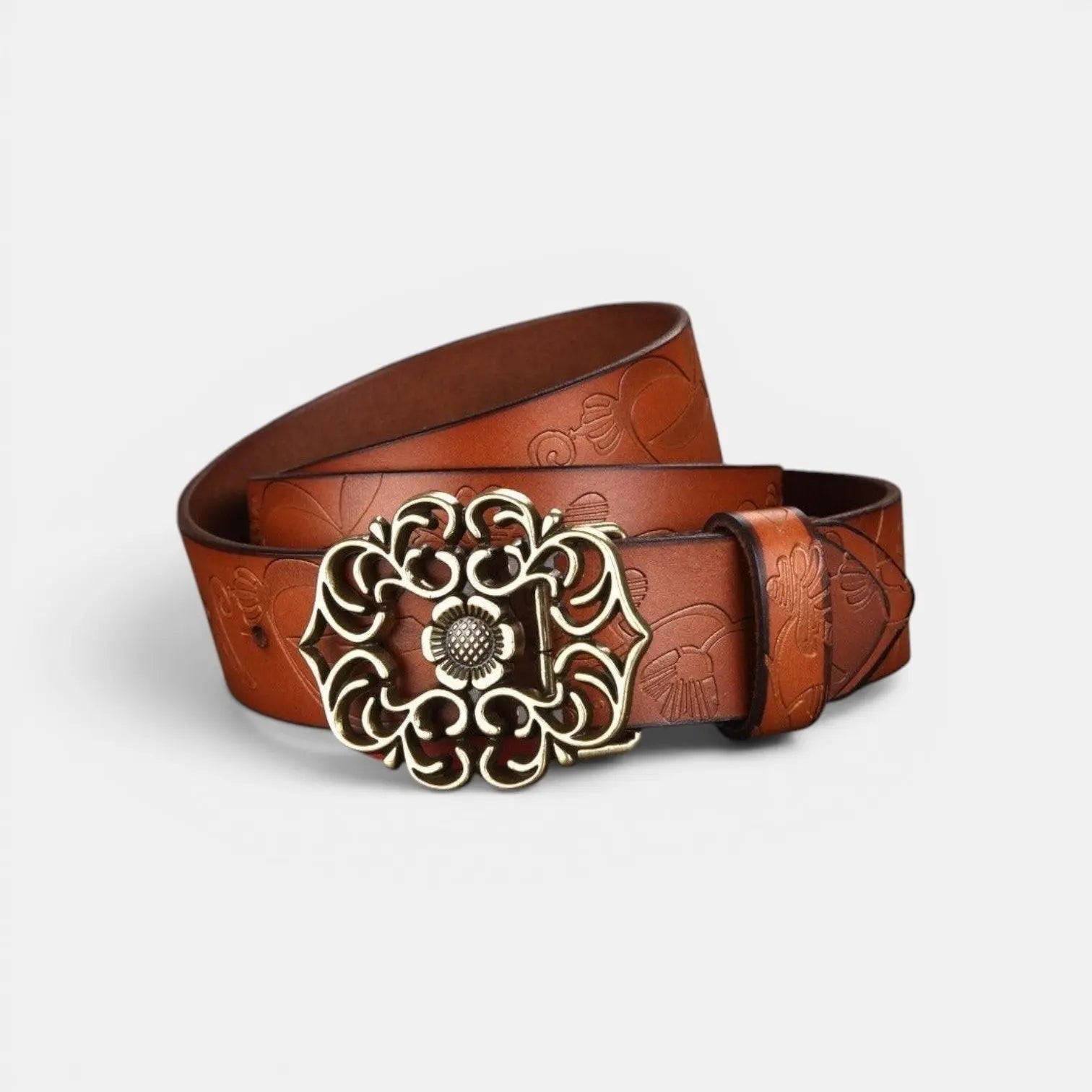 Women's Textured Faux Leather Belt Floral Gold Buckle | Florven | Beltary