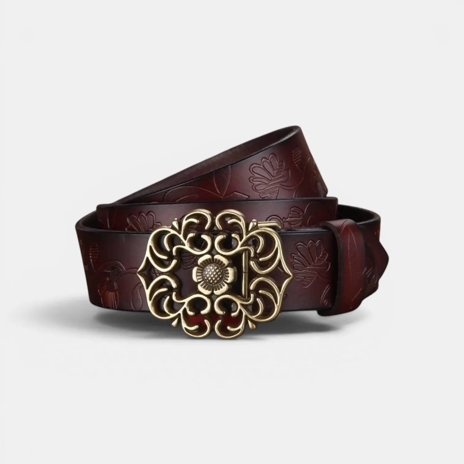 Women's Textured Faux Leather Belt Floral Gold Buckle | Florven | Beltary