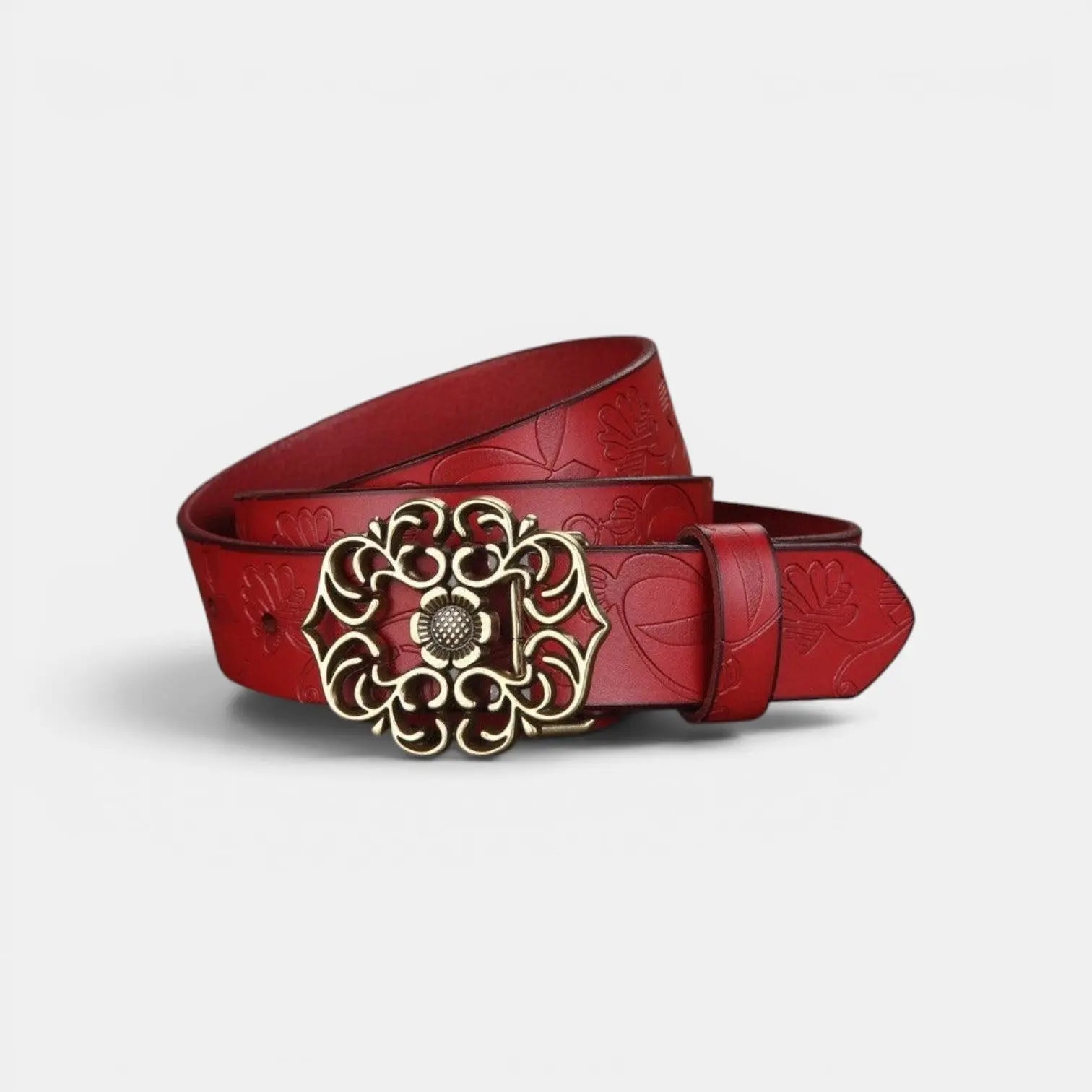 Women's Textured Faux Leather Belt Floral Gold Buckle | Florven | Beltary