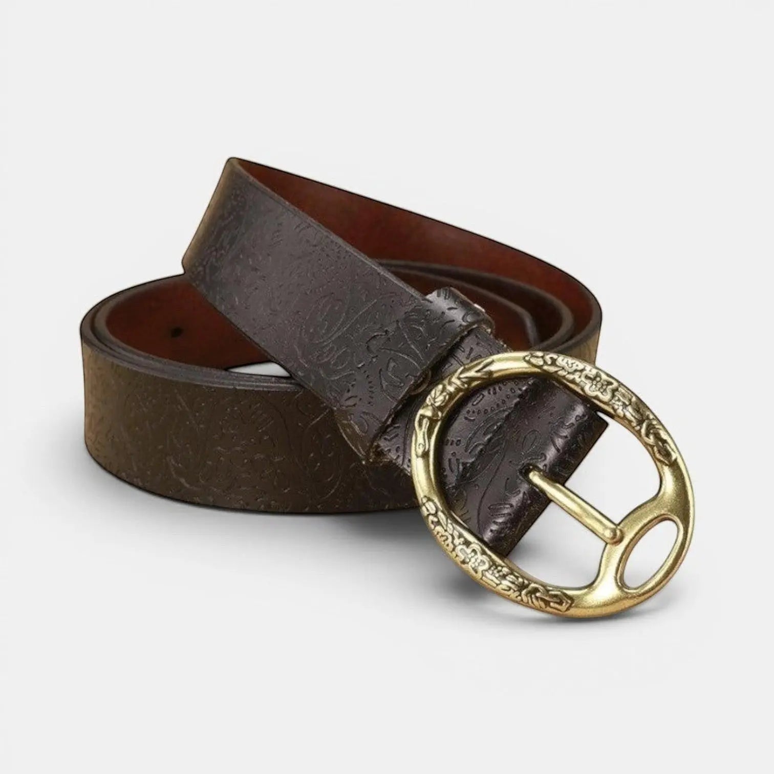 Women's Textured Leather Belt Floral Pattern Gold Oval Buckle | Florvex | Beltary
