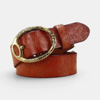 Women's Textured Leather Belt Floral Pattern Gold Oval Buckle | Florvex | Beltary