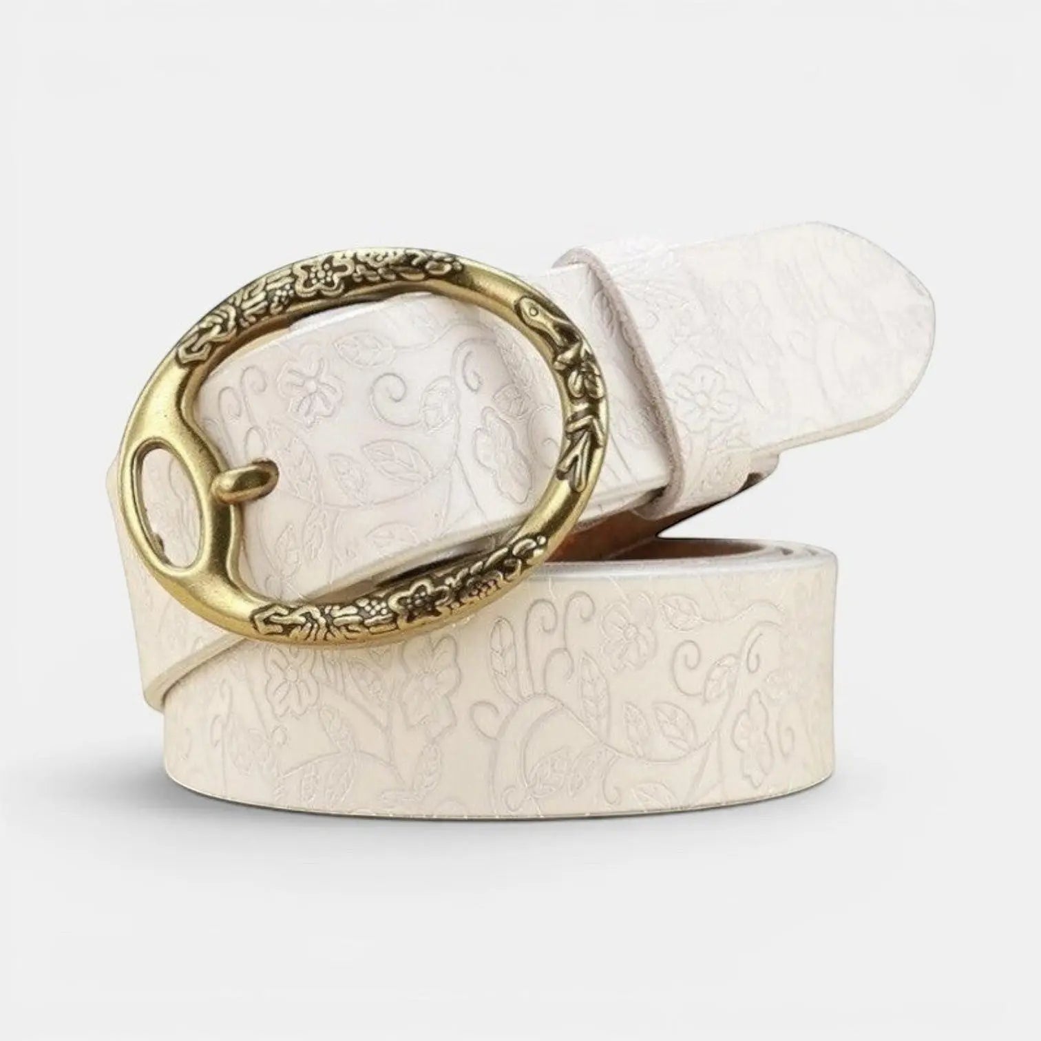 Women's Textured Leather Belt Floral Pattern Gold Oval Buckle | Florvex | Beltary